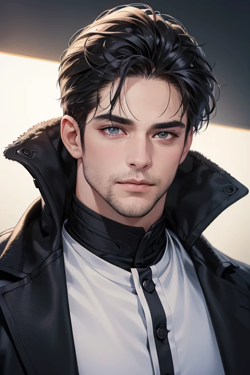 (best quality,4k,8k,highres,masterpiece:1.2),ultra-detailed,(realistic,photorealistic,photo-realistic:1.37),30 year old man,3 day beard,handsome anime,portraits,strong,masculine,dark hair,sharp jawline,mesmerizing eyes,perfectly styled hair,cool anime outfit,confident expression,vibrant colors,dynamic lighting, CEO and expression smile in love.
