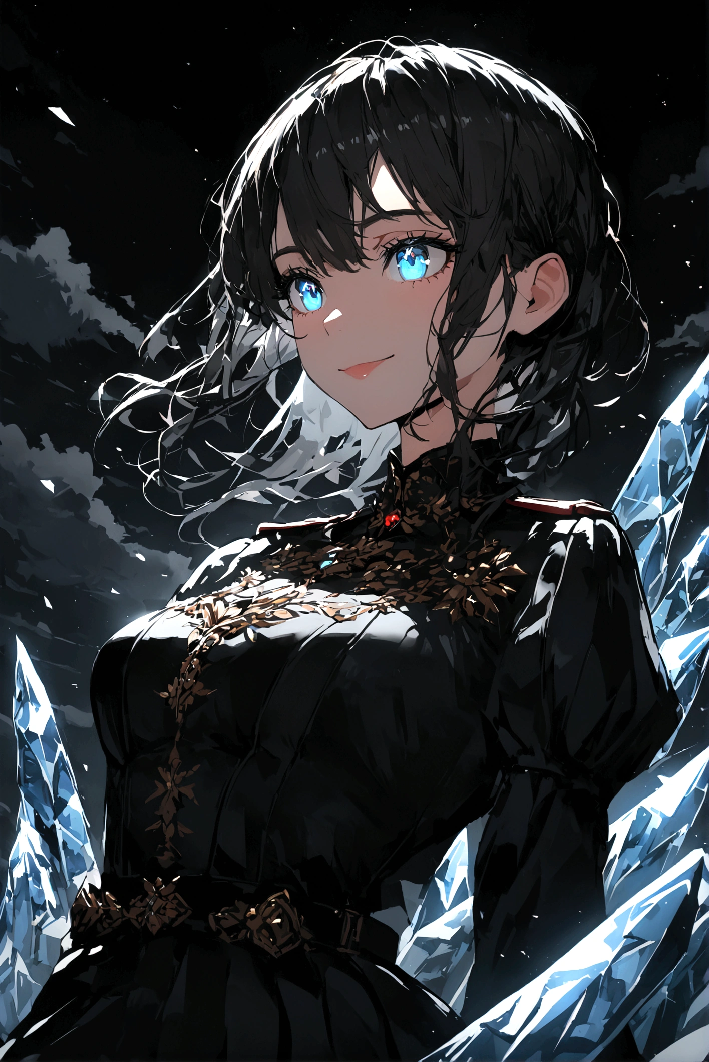 Masterpiece, Best Quality, 1 girl, (showy),(delicate eyes and face), volumatic light, ray tracing, bust shot ,ice wallpaper, cheered up, young woman, Alone, ((wide)), ((by white)), Blue eyes, model, beautiful, medium breasts, Half-length portrait, Fancy, ice, ice detallado,Alone,SMILE,Skirt, sky, cloudy_sky, officer light, officer, evening, (Dark theme:1.3), light, Fancy, windy, magic sparks,by white
