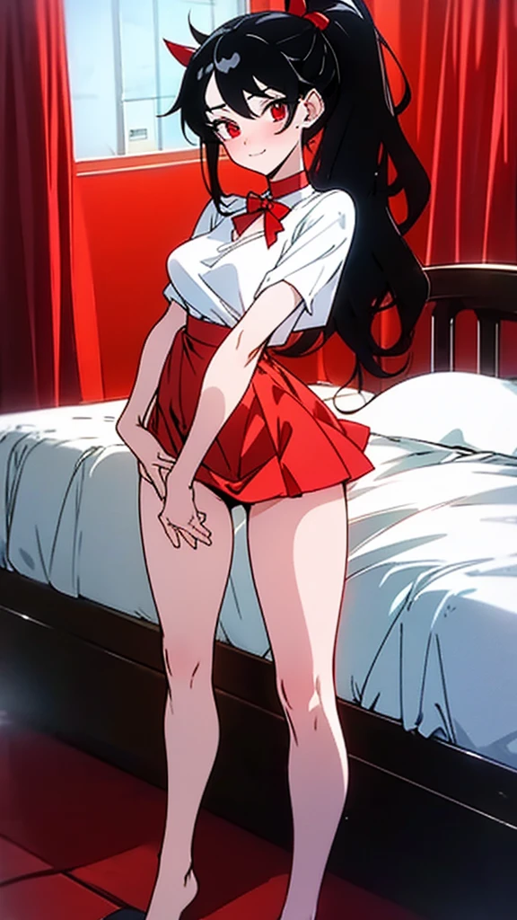 wavy black hair, piercing look with deep red eyes, average stature, Silky hair with a ponytail hairstyle collected with a red bow with two white lines, standing next to his bed , has a vagina, has breasts,NSFW, poses perverteds, lustful look, perverted, wearing a top, wearing a mini skirt, showing my ass to the camera, transparent lingerie panties , body