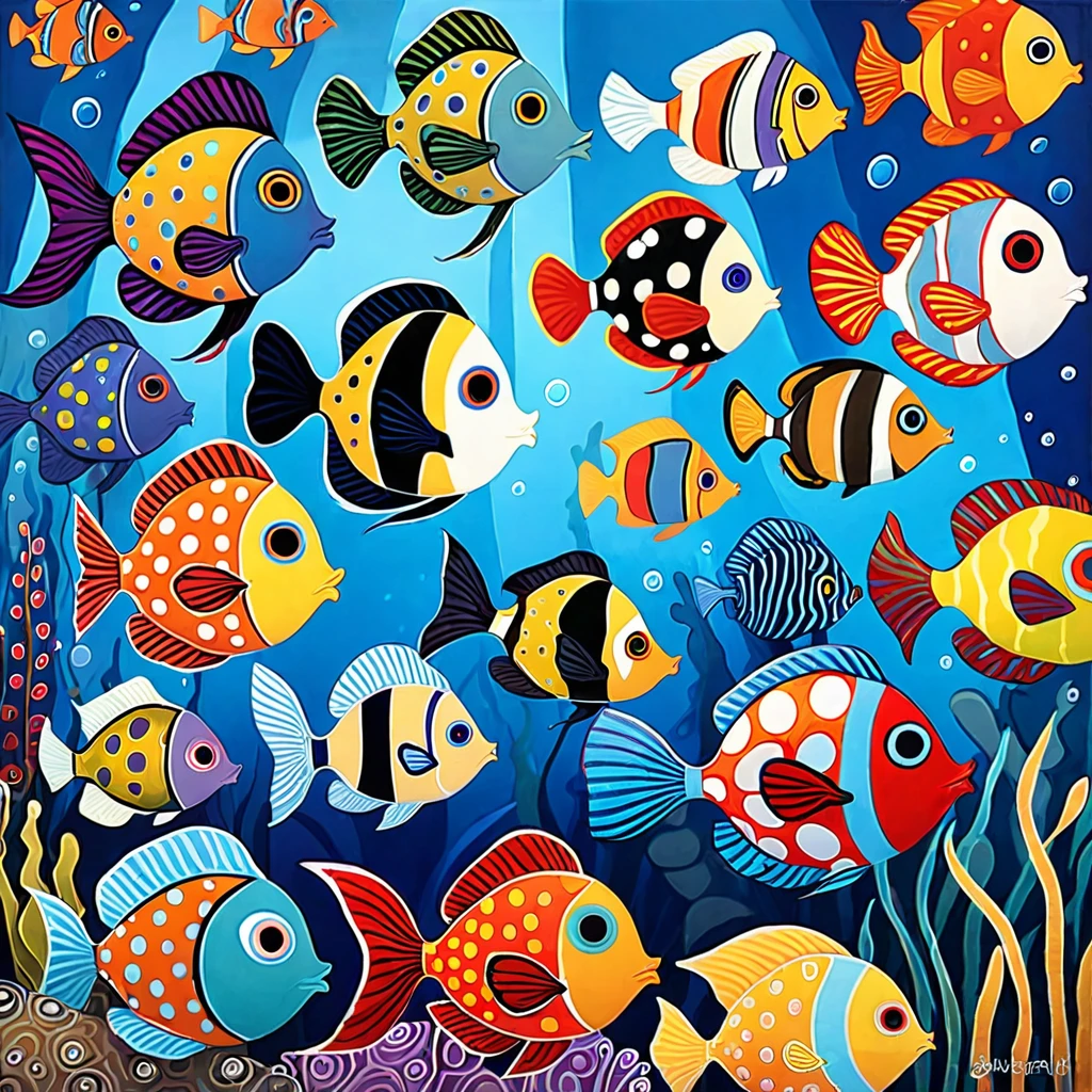 Art style by Karla Gerard, Tropical fish, puffer fish, angel fish,emperor fish, clown fish, porcupine fish, harlequin fish, trigger fish, whales, stylized