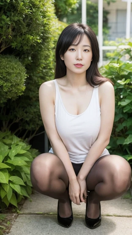 Japanese, (alone), Mature Woman,30 years old, (whole body), Big Breasts, Straight Long Hair, Glamour, sexy, Pure white skin, Observe the audience、(Black tank top),Black Pantyhose,(Black high heels)、garden、Squat、Put your hands behind your back,(Legs apart 1.5),Spread your legs