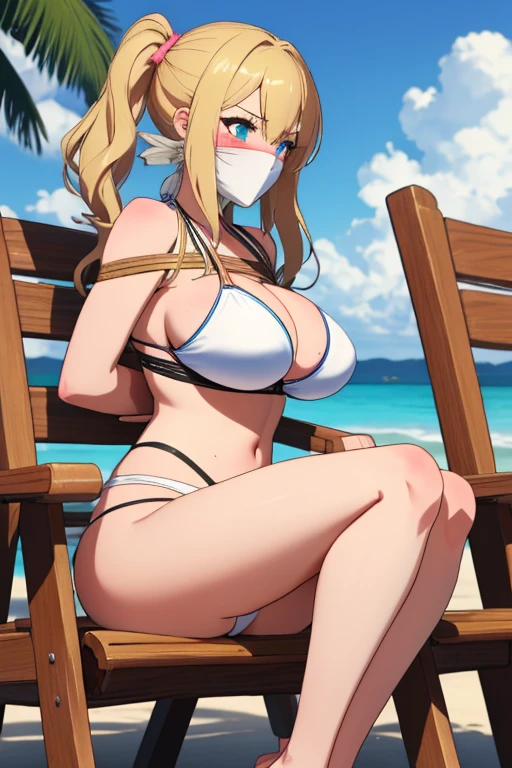 1 girl, detailed blue eyes, lange wimpern, detailed beautiful face, 4k quality, a Bit curly hair, (Long blonde hair:1.4), (arms behind back:1.6), gefesselte Arme, Red rope, (blushing:1.3), (Big breasts:1.6), (white Bikini, höschen mit seiten schnürung, 18 jears old:1.6), OTN, Gag, gagged, shibari, bondage, nah aufnahmen, Front view, on a beach, looking at the viewer, sitting in a beach chair