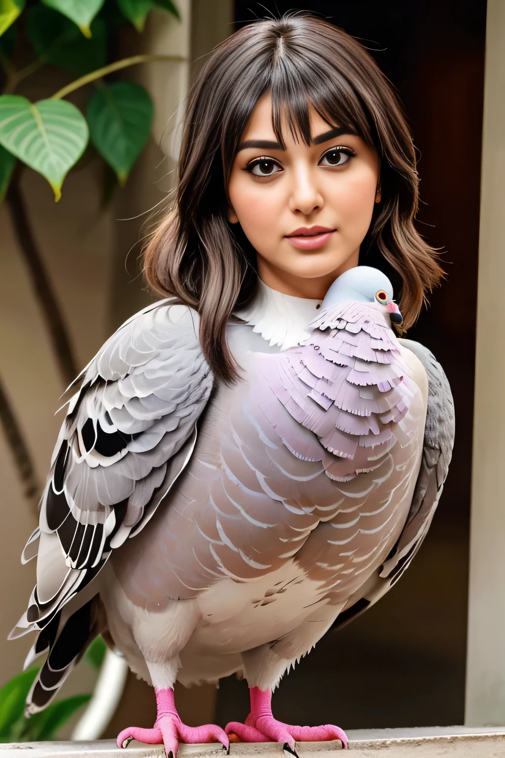 Hansika Motwani is a pigeon bird, She is a bird but her head looks like girl, from neck to full body looks like pigeon bird. Pigeon legs, pigeon wings. Bird body, pigeon body, perfect picture, perfect bird, real bird, Real head replace with real pigeon head. Exact Bird .