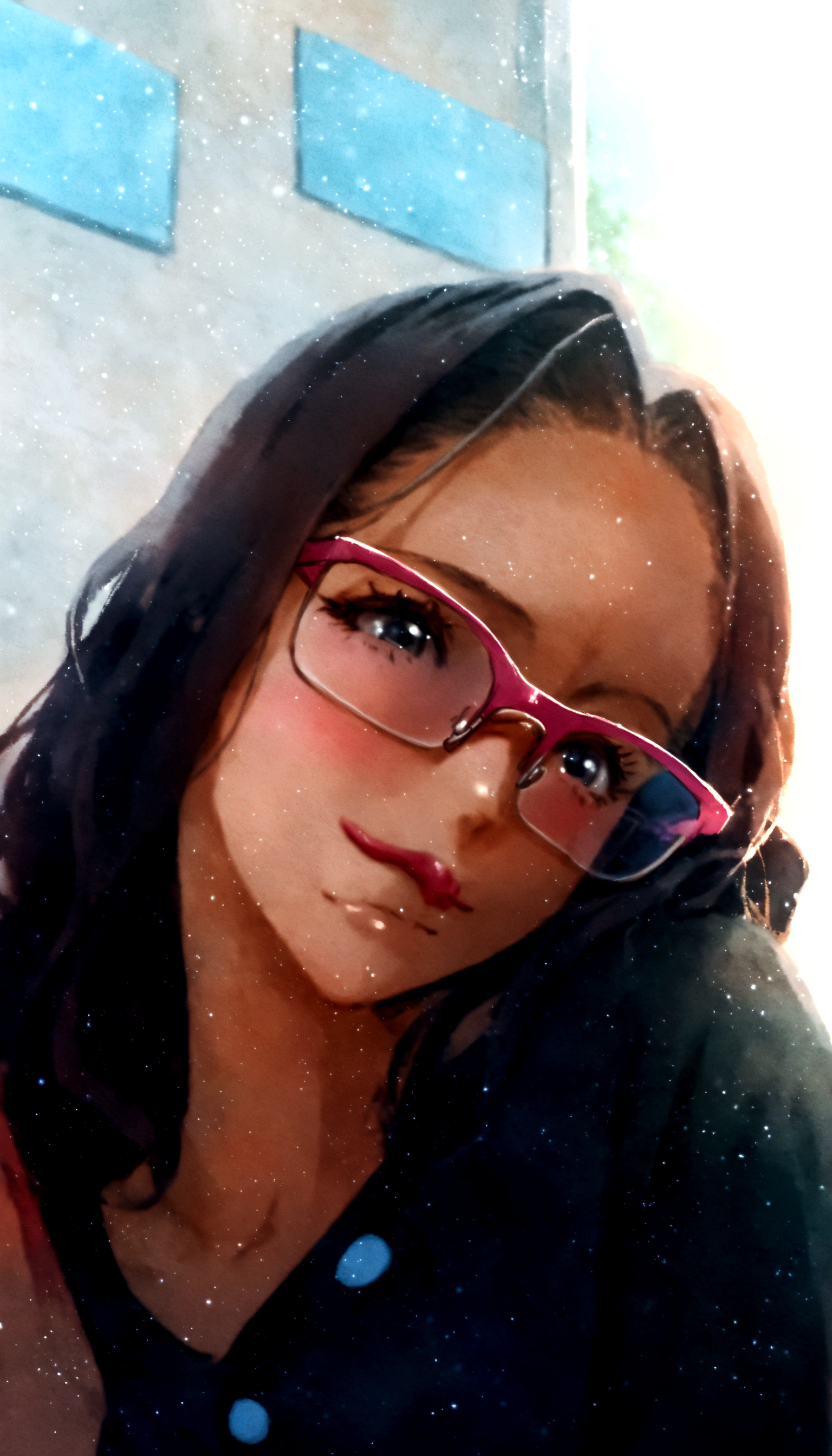 A woman with glasses and a black t-shirt wearing pink glasses ,about 23 years old