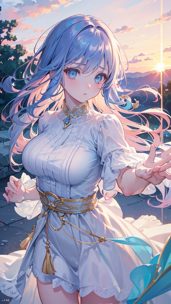 a beautiful detailed girl walking towards the viewer, dramatic expression, sunset-colored hair, light blue eyes, glass-like eyes, showing her palms, bokeh effect, dynamic, (best quality,4k,8k,highres,masterpiece:1.2),ultra-detailed,(realistic,photorealistic,photo-realistic:1.37),vivid colors,studio lighting,portrait