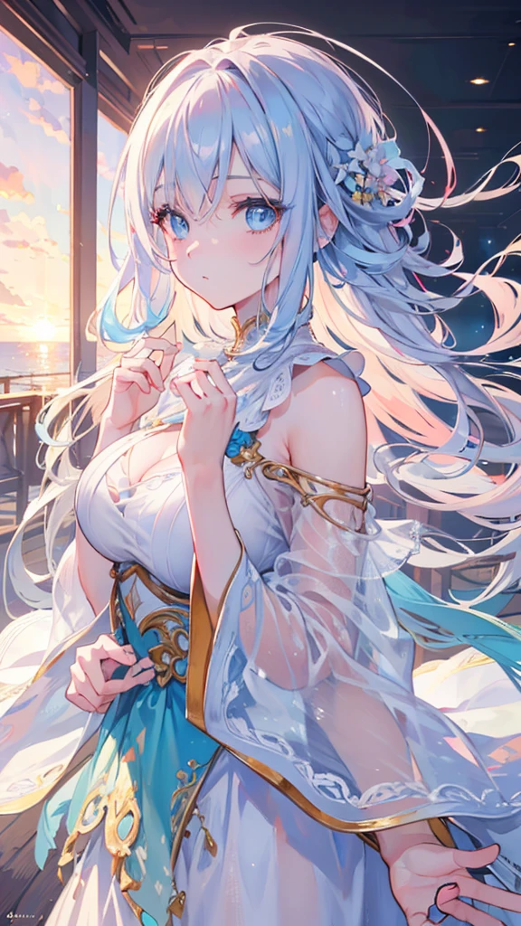 a beautiful detailed girl walking towards the viewer, dramatic expression, sunset-colored hair, light blue eyes, glass-like eyes, showing her palms, bokeh effect, dynamic, (best quality,4k,8k,highres,masterpiece:1.2),ultra-detailed,(realistic,photorealistic,photo-realistic:1.37),vivid colors,studio lighting,portrait