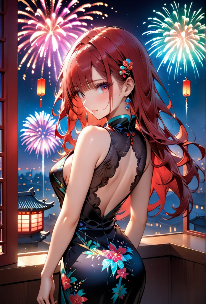 Uzumaki_kushina standing with her back to the camera:1 girl wearing an upscale Chinese dress,
Smooth, moisturized and firm skin texture, Tight and seductive outfit,
A corner of the red light district, A dark background that makes the subject stand out, Large windows, The soft light of the lantern,
BREAK (Detailed silk texture:upscale:Gloss:Smoothness:Suppiness),
BREAK Highest Quality, Highest Resolution, Detailed and crisp image quality, 16K, Super Retina,
A gorgeous Chinese dress with a delicate pattern, Adult sex appeal, melancholy, Feeling of weakness, Tie back long hair, Colorful fireworks seen from the window,
Detailed and complex, Colorful, Transparent full color coating, Light and Dark, High Contrast,
BREAK Spectacular fireworks seen from the window, aesthetic,standing straight,full body, body facing front