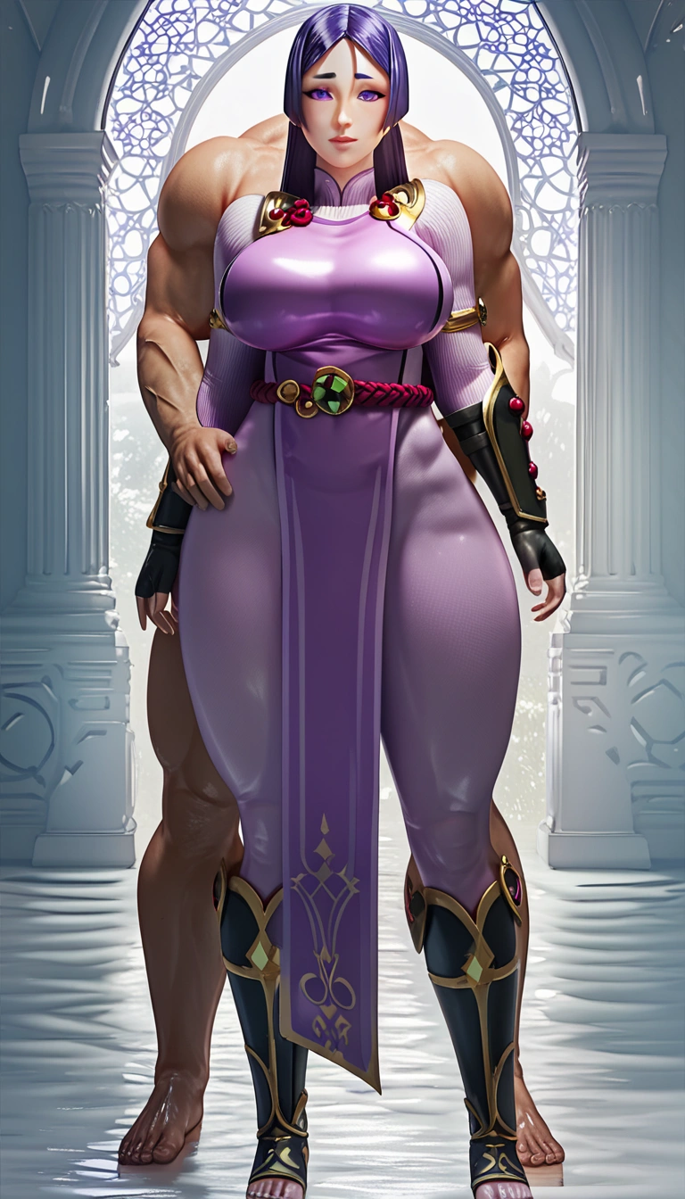 score_9, score_8_up, score_8, sexy 20 year old girl tall fat curvy busty body, full body shot, milf, raikou, parted bangs, purple eyes, purple hair, long hair, hime cut, forehead, arm guards, armor, black gloves, bodysuit, fingerless gloves, gloves, japanese armor, kote, loincloth, purple bodysuit, ribbed sleeves, tabard, toned, large breasts, BREAK (masterpiece:1.2), best quality, high resolution, unity 8k wallpaper, (illustration:0.8), (detailed eyes:1.3), perfect lighting, extremely detailed CG, (perfect hands, perfect anatomy), abandoned building,