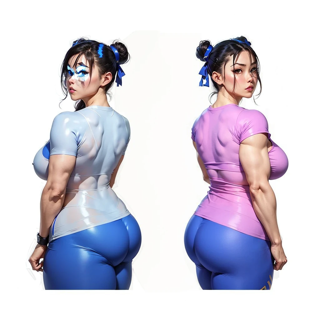 SF6 Chun-Li pose with both hand on hips booty at camera flaunting wearing Royal Blue shirt and thin grey Leggings thats the a exact same material as nitrile butadiene rubber gloves Thighs Buttocks Streetfighter Buruma Gravure shirt Japanese gym shoes pantyline 