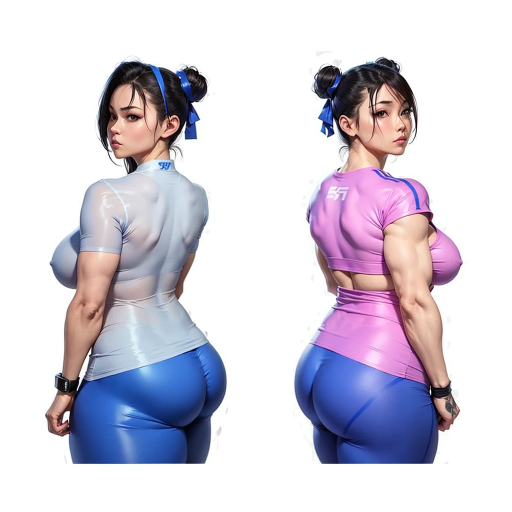 SF6 Chun-Li pose with both hand on hips booty at camera flaunting wearing Royal Blue shirt and thin grey Leggings thats the a exact same material as nitrile butadiene rubber gloves Thighs Buttocks Streetfighter Buruma Gravure shirt Japanese gym shoes pantyline