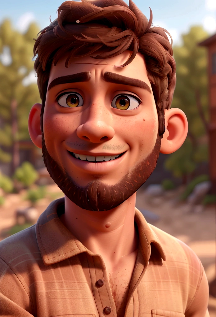 a confident man, short brown hair, rugged, (best quality,4k,8k,highres,masterpiece:1.2),ultra-detailed,(realistic,photorealistic,photo-realistic:1.37),natural lighting, perfect sunny day, [smiling], close-up, looking directly at camera, outdoor, natural background, warm tones