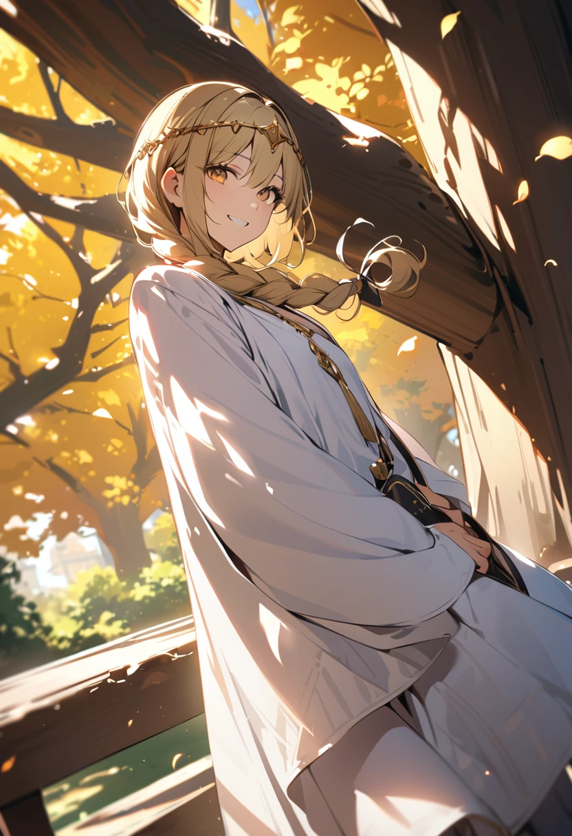 1boy, long absolutely overflowing blonde hair loosely braided, golden eyes, subtle holy glow, small golden circlet, looking at viewer, smiling, white robes, flat chest, girly boy, gigantic tree with golden leaves background, textured skin, award winning, high details, incredible high-key lighting and shadows, masterpiece, UHD, UHD, UHD, UHD