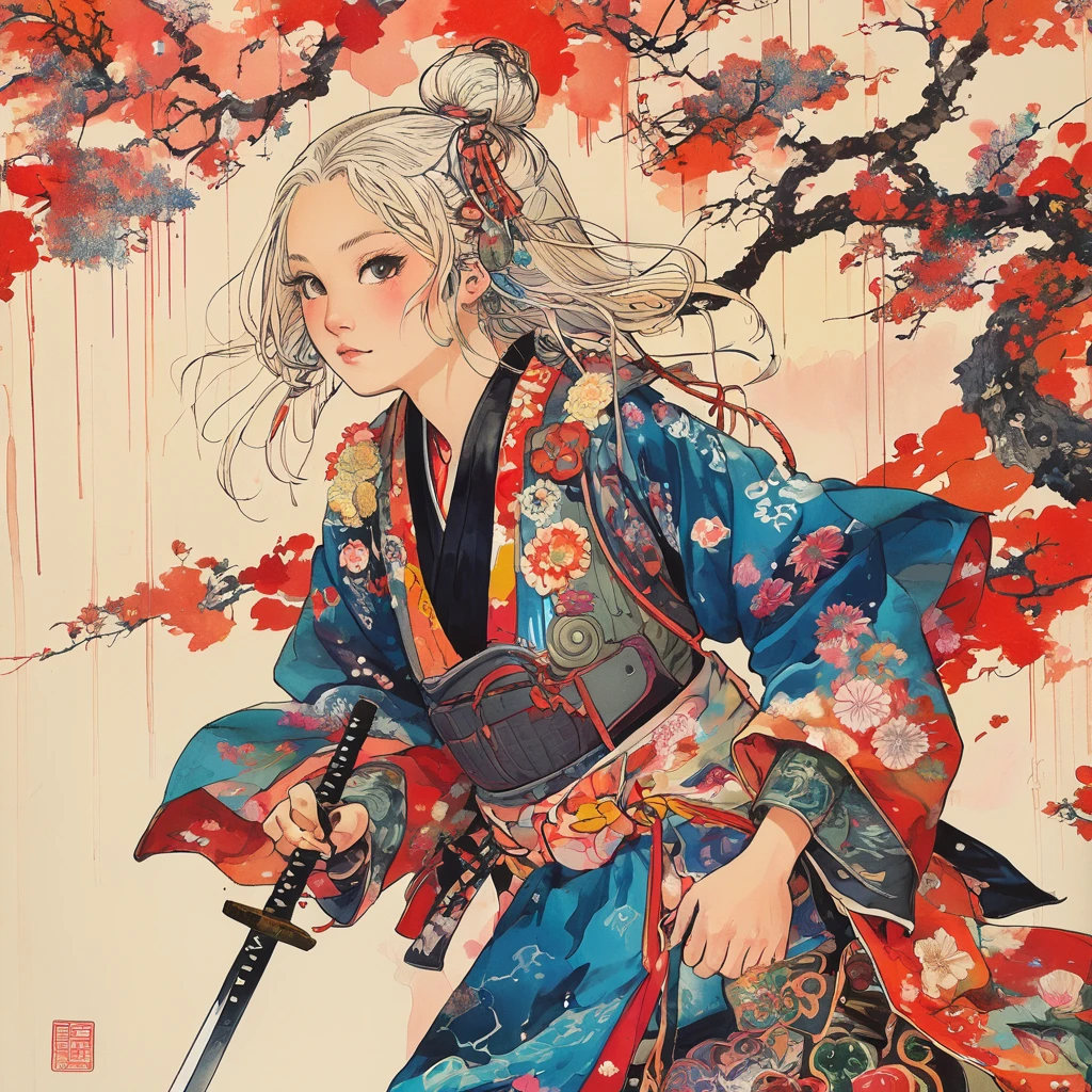 On a bright red campus"YES"Character、 A vibrant and colorful illustration of an anime-style female samurai character with white hair, holding her sword in front of her face. She is wearing traditional Japanese adorned with floral patterns, a backdrop filled with colorful patterns representing ancient symbols and floral motifs. The background is richly detailed with geometric shapes that add depth to their figure's presence., creating a whimsical atmosphere. The background features bold colors and intricate designs that add to the overall visual appeal. This artwork showcases vivid hues, intricate details on both attire and armor, capturing movement as she walks forward in the style of intricate details on both attire and armor, capturing movement as she walks forward.