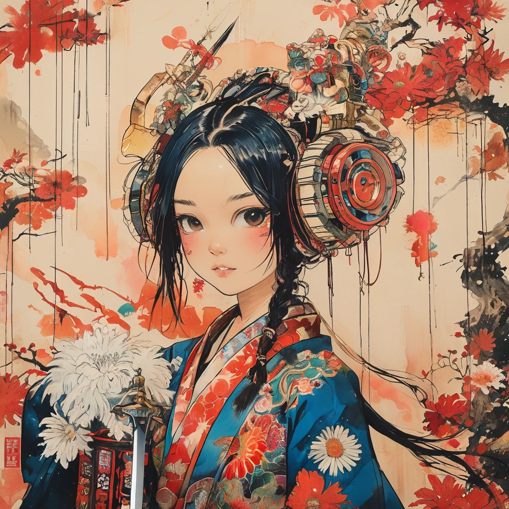 On a bright red campus"YES"Character、 A vibrant and colorful illustration of an anime-style female samurai character with white hair, holding her sword in front of her face. She is wearing traditional Japanese adorned with floral patterns, a backdrop filled with colorful patterns representing ancient symbols and floral motifs. The background is richly detailed with geometric shapes that add depth to their figure's presence., creating a whimsical atmosphere. The background features bold colors and intricate designs that add to the overall visual appeal. This artwork showcases vivid hues, intricate details on both attire and armor, capturing movement as she walks forward in the style of intricate details on both attire and armor, capturing movement as she walks forward. 