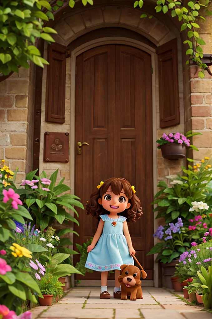 , 4 years old, shoulder-length curly brown hair, bright brown eyes, happy and smiling, very smart. in a garden with a secret door. and with her brown labrador dog.