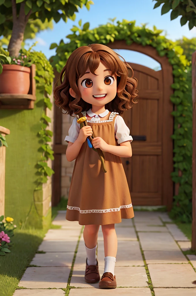 , 4 , shoulder-length curly brown hair, bright brown eyes, happy and smiling, very smart. in a garden with a secret door. and with her brown labrador dog.