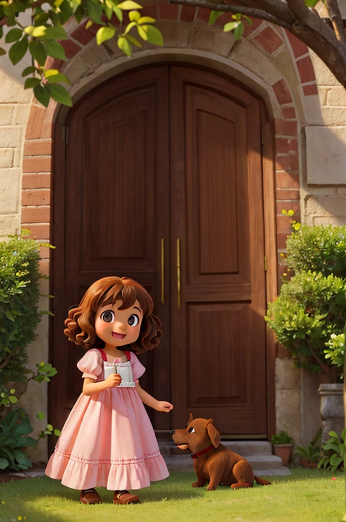 , 4 years old, shoulder-length curly brown hair, bright brown eyes, happy and smiling, very smart. in a garden with a secret door. and with her brown labrador dog.