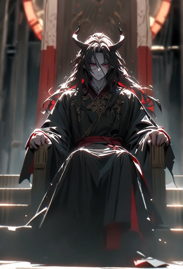 (solo), black hair, messy hair, mane hair, long hair, dense hair, wild hair, expressive hair, mature,(25 year old), pale skin, red eyes, ((man)), wearing a black robe, black demon horns,, red wings, serious, handsome, attractive, eye reflection, depth of field, thunder aura,cinematic lighting, ray tracing, depth of field, cinematic lighting, ray tracing, UHD, high details, best quality, highres, high quality, award winning, super detail, masterpiece, 8k, UHD, high details, best quality, highres, high quality, award winning, super detail, masterpiece, 8k, digital art, anime coloring, full body, body shot, good face, perfect face, detailed face, good eyes, sitting on a throne, in a throne room.