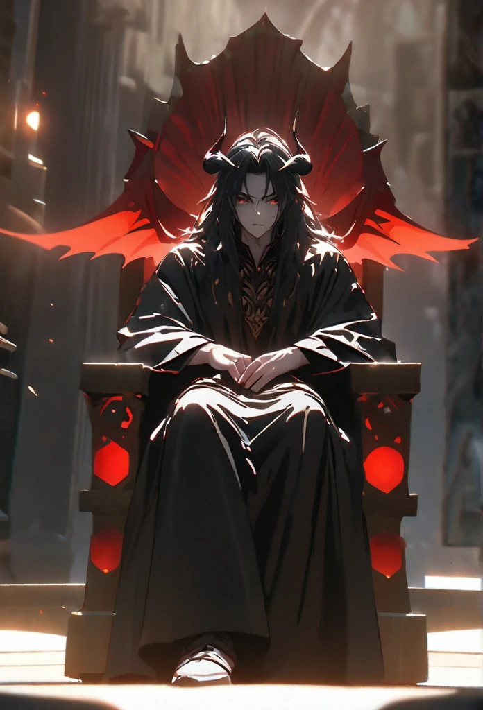 (solo), black hair, messy hair, mane hair, long hair, dense hair, wild hair, expressive hair, mature,(25 year old), pale skin, red eyes, ((man)), wearing a black robe, black demon horns,, red wings, serious, handsome, attractive, eye reflection, depth of field, thunder aura,cinematic lighting, ray tracing, depth of field, cinematic lighting, ray tracing, UHD, high details, best quality, highres, high quality, award winning, super detail, masterpiece, 8k, UHD, high details, best quality, highres, high quality, award winning, super detail, masterpiece, 8k, digital art, anime coloring, full body, body shot, good face, perfect face, detailed face, good eyes, sitting on a throne, in a throne room.