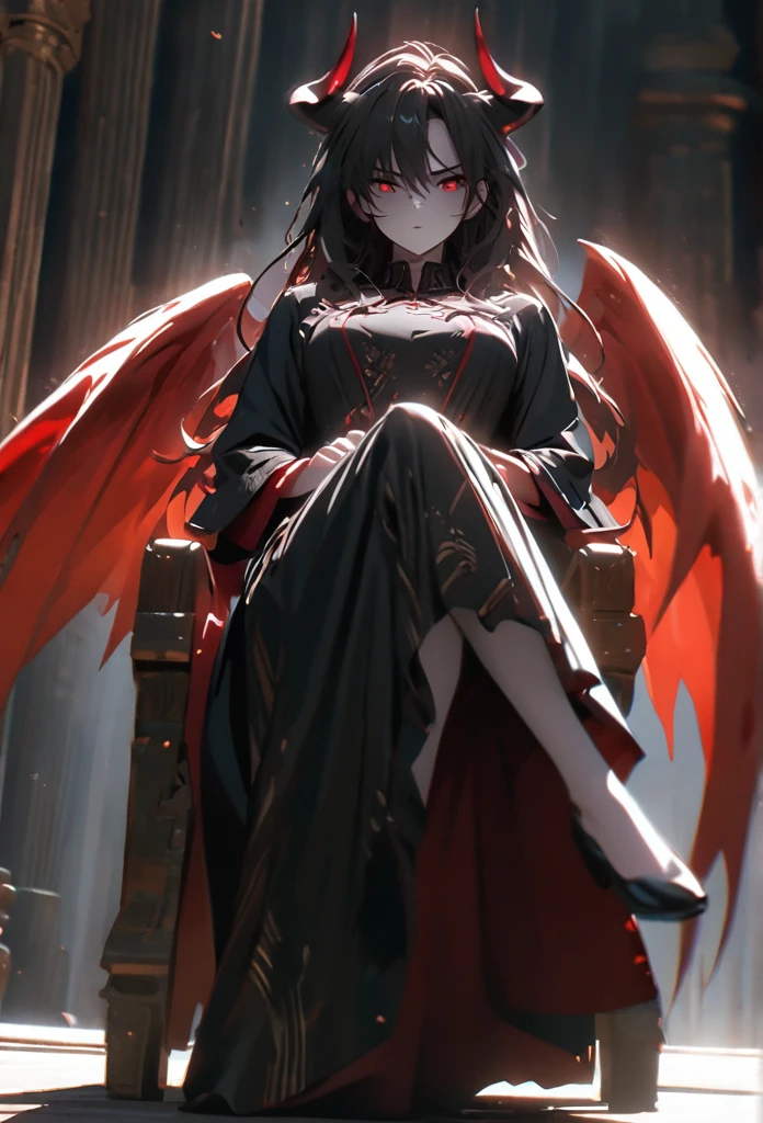 (solo), black hair, messy hair, mane hair, long hair, dense hair, wild hair, expressive hair, mature,(25 year old), pale skin, red eyes, ((man)), wearing a black robe, black demon horns,, red wings, serious, handsome, attractive, eye reflection, depth of field, thunder aura,cinematic lighting, ray tracing, depth of field, cinematic lighting, ray tracing, UHD, high details, best quality, highres, high quality, award winning, super detail, masterpiece, 8k, UHD, high details, best quality, highres, high quality, award winning, super detail, masterpiece, 8k, digital art, anime coloring, full body, body shot, good face, perfect face, detailed face, good eyes, sitting on a throne, in a throne room.