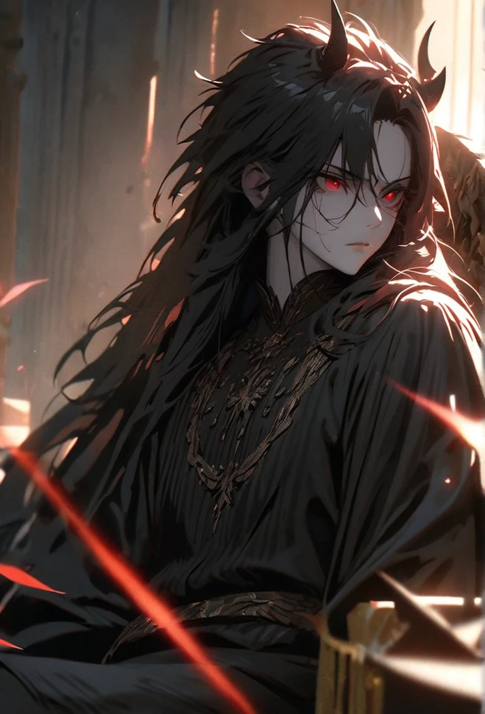 (solo), black hair, messy hair, mane hair, long hair, dense hair, wild hair, expressive hair, mature,(25 year old), pale skin, red eyes, ((man)), wearing a black robe, black demon horns,, red wings, serious, handsome, attractive, eye reflection, depth of field, thunder aura,cinematic lighting, ray tracing, depth of field, cinematic lighting, ray tracing, UHD, high details, best quality, highres, high quality, award winning, super detail, masterpiece, 8k, UHD, high details, best quality, highres, high quality, award winning, super detail, masterpiece, 8k, digital art, anime coloring, full body, body shot, good face, perfect face, detailed face, good eyes, sitting on a throne, in a throne room.