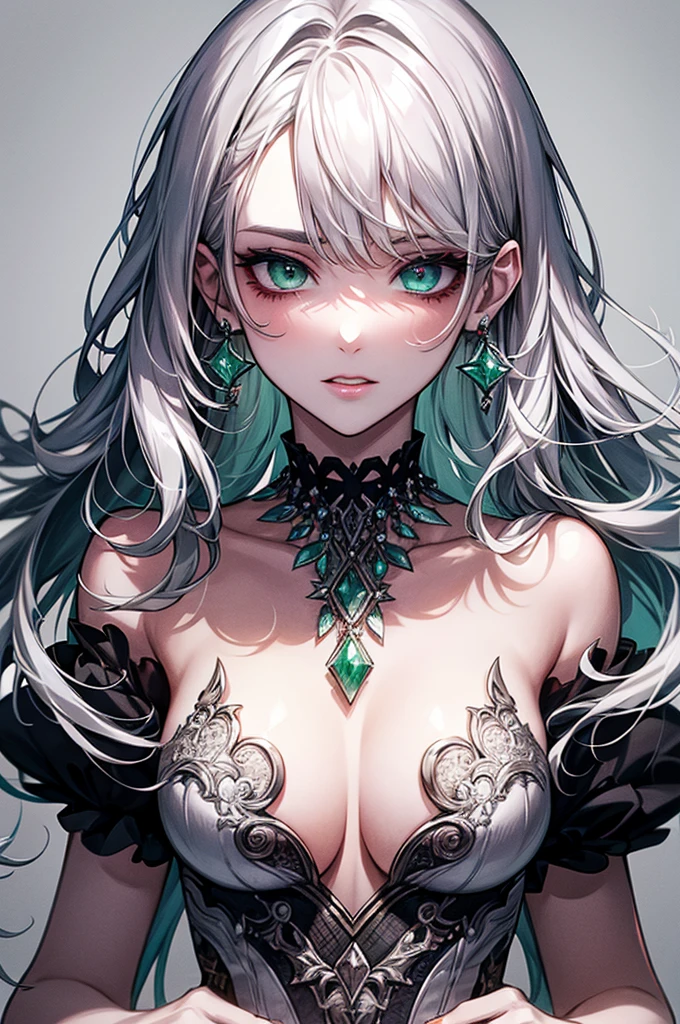 Monochrome, Only the eyes and lips are colored, Face Focus, highest quality, Super quality, 16k, Incredibly absurd, Very detailed, delicate and dynamic, Cool and beautiful cute woman, Silvery messy hair, (Heterochromia iridis, emerald green eyes, Purple eyes), Brightly colored tattoo on neck, necklace, choker, Earrings and Accessories, Glossy Red Lips, Portraiture