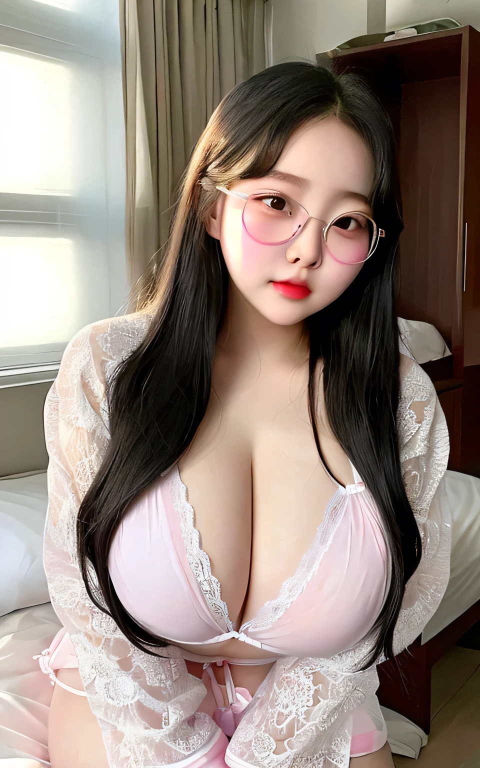 with a pure face, big breasts, super big breasts, obesity, fair skin, erotic pajamas, transparent gauze, lace lace, glasses, milk running from the corners of her mouth