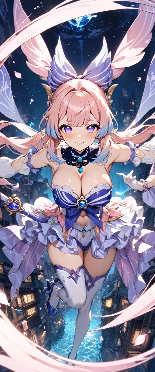 (masterpiece), best quality, expressive eyes, perfect face,1girl,sangonomiya_kokomi_(genshin impact),(magical girl:1.4),magical girl costume,(detached sleeves),(frilled layered skirt:1.3),(showgirl skirt),(big breasts),pink pearl earrings,thighhigh heels,underwater Japanese city,lights,light pink hair,bow-shaped hair,cleavage,looking at viewer,smiles,bracelets, bangles, eyeshadows,floating,sexy pose