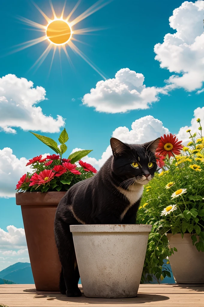 Draw a hurt and animal near that hurt some flower pots and cloud and Sun
