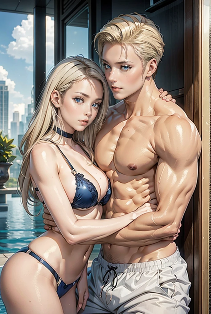 Tall, handsome, statuesque, masculine, adult man-platinum blonde, he has blue eyes, long straight platinum hair, shaved temples, athletic body, embossed body, he is wearing swimming shorts, he hugs an incredibly beautiful young femme fatale blonde with long golden hair, blue eyes, she is wearing a seductive swimsuit, a beautiful curvy body. They're in love.