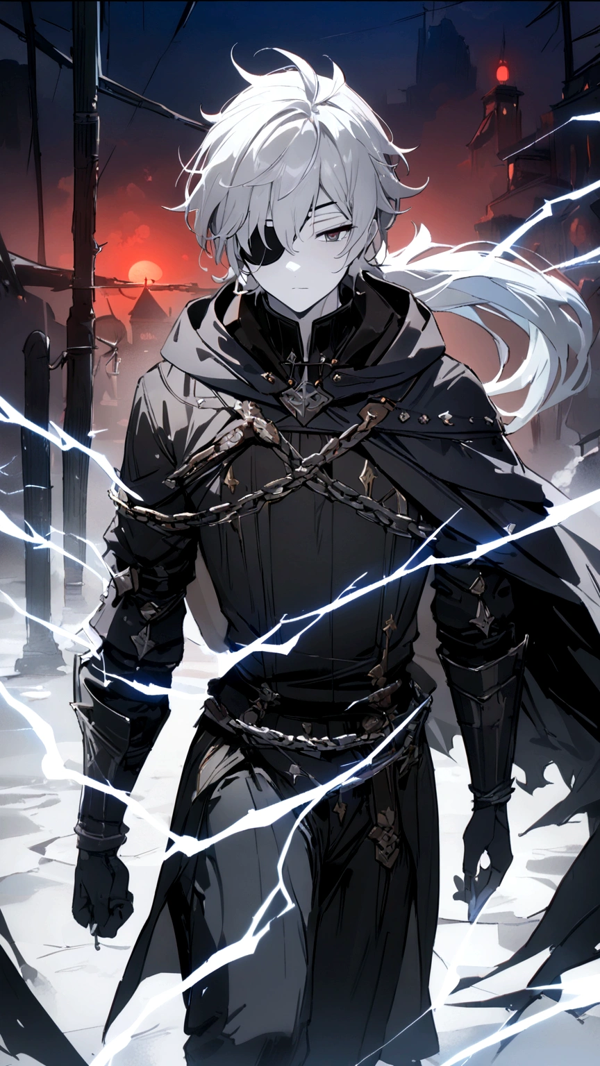Anime character. A man, he was medieval. 27 years old, large body, cold gaze, cold expression, white skin, short and messy gray hair, ponytail, left eye patch, black clothes, black shirt, dark cape with hood, several chains. frontal camera. Walking under the red moonlight. White electricity emanating from his body, black electricity emanating from his left hand. Iris of the right eye glowing white. Thunderous white lightning. (best quality, 4k, 8k, high resolution, masterpiece: 1.2)