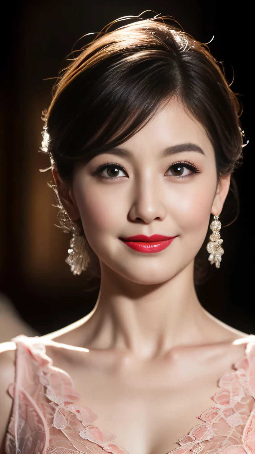 ((highest quality、8K resolution、master masterpiece、professional photography)), Photoreal, (Beautiful at 20 years old:1.3), (wrinkled face:1.2)、(1 female:1.2)、(elegant pink lace clothing:1.1)、wrinkles around the eyes,stand gracefully、(plump and soft body、clavicle)、the most elegant and beautiful hairstyles、Romantic evening、(A sad smile staring at me:1.2)、Beautifully shaped big breasts、soft and beautiful cleavage、perfect makeupアップ,Dark red lipstick,perfect makeup,eye shadow、long eyelashes、luxurious and romantic lighting、very moody and romantic、low contrast、gorgeous portrait photography、(Ultra high definition white skin)、blurred background、Feeling of love