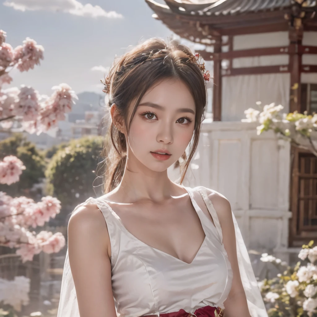 Blue sky and white clouds,Mountains in the distance、tower and many people,Pink flowers,Cherry tree,Hanfu woman,Phoenix crown tiara、Fine embroidery、穿Hanfu裤袜、Hanfu、穿长袖Hanfu、The legs are transparent and clearly visible、Look and、Exposed oversized breasts、Raw,(8K、Top quality、masterpiece:1.8)、(Intricate details:1.8)、(Reality:1.8)、Octane Rendering、Complex 3D rendering with ultra-details, Studio soft light, Side light, Vivid details, Super Detail, Realistic skin texture, Details, beautiful eyes, Highly detailed CG Unity 16k wallpaper, cosmetic, (Detailed background:2.0), Clear your fingers,Beautiful fingers,Radiant skin、Spread your legs,Camel toe showing thigh!!!、