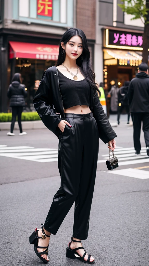 Beautiful Chinese girl wearing a black robe jacket wearing a black shirt and black trousers wearing sandals and a black chopper necklace, showing off her slim stomach, black hair, photo in the city (masterpiece) 8k