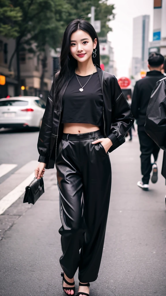 Beautiful Japanese girl wearing a black robe jacket wearing a black shirt and black trousers wearing sandals and a black chopper necklace, showing off her slim stomach, black hair, photo in the city (masterpiece) 8k