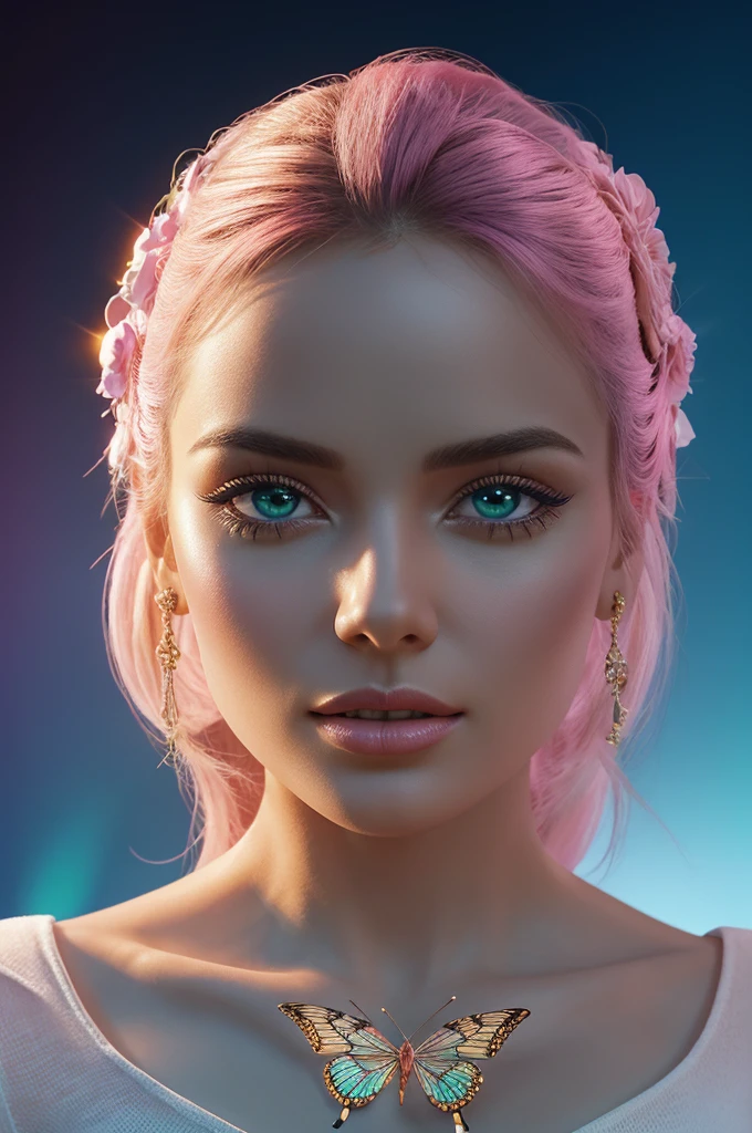 A captivating 3D render of the "SUNDAY" logo exudes elegance and sophistication. The name is gracefully written in a harmonious, delicate golden font, accompanied by a tiny heart and a mesmerizing transparent iridescent butterfly. The logo is adorned with vibrant neon shades of pink, blue, yellow, purple, green, and orange, creating a dazzling visual effect. The pristine white background accentuates the intricate design, making it a striking focal point. The 3D render is perfect for movie posters, architectural renderings, or any application where it can command attention and make a bold statement. This visually stunning logo embodies the essence of cinematic elegance and is a testament to the creative prowess of the designer.