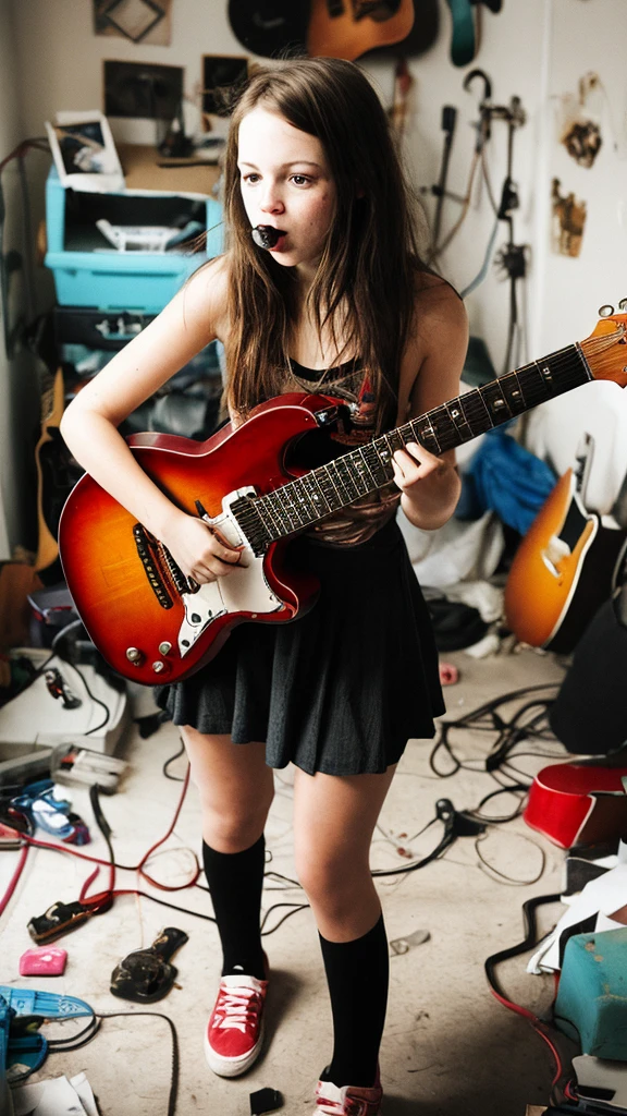 mouth, One girl, alone, In a messy room, guitar,