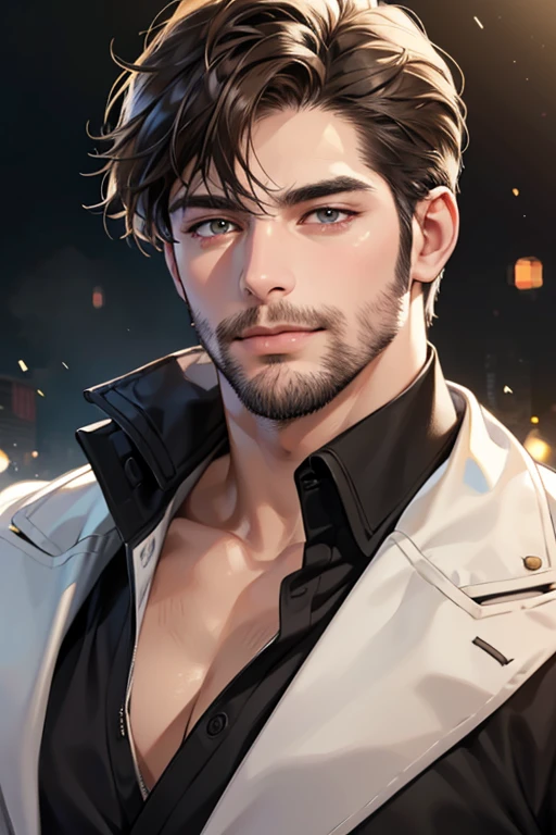 (best quality,4k,8k,highres,masterpiece:1.2),ultra-detailed,(realistic,photorealistic,photo-realistic:1.37),30 year old man,3 day beard,handsome anime,portraits,strong,masculine,brown hair,sharp jawline,mesmerizing eyes,perfectly styled hair,cool anime outfit,confident expression,vibrant colors,dynamic lighting, CEO and expression smile in love.