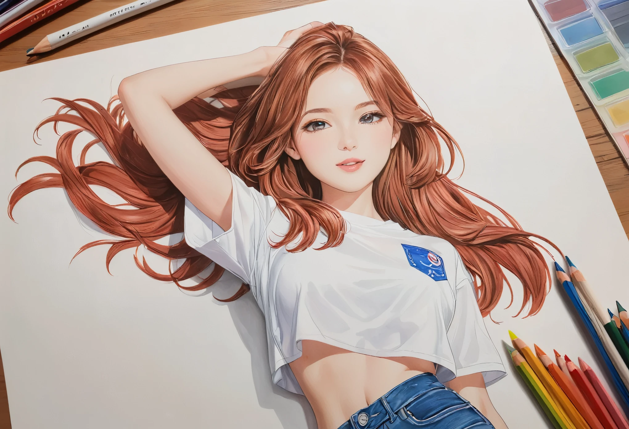  female，crop shirt，white，Art，ad，colour pencil drawing，draft drawing 