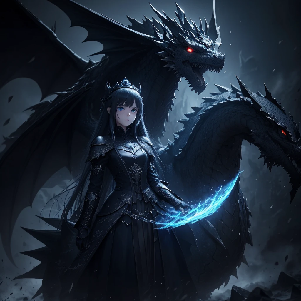Dark environment and that it is like anime and that it has beautiful designs and an adult girl looking straight ahead with a dragon clothing with a crown on top with 8k or HD designs that is anime and that it has a straight face and blue eyes and everything that it has an anime dragon design 8k 