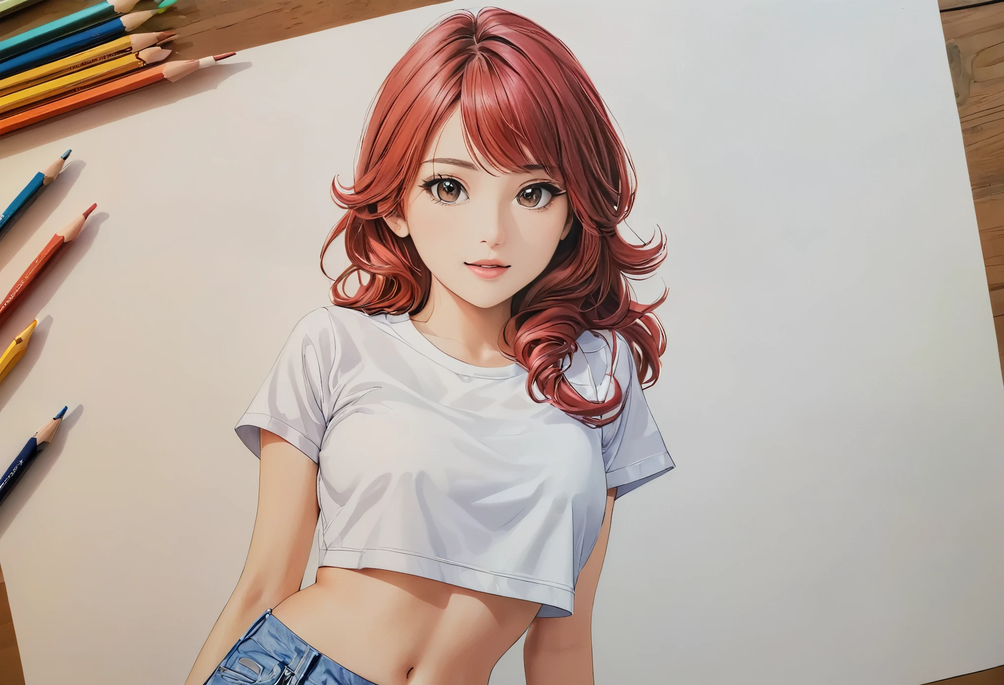 female,crop shirt,white,Art,ad,colour pencil drawing,draft drawing