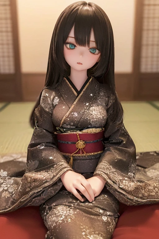 (SFW:2), photorealistic, realistic photo, ((highest quality)), ((masterpiece)), ((extremely detailed)), kukolnydom, doll, (mature woman, 24yo, 24 years old:1.6), solo, ((cowboy shot, seiza, skinny, slender, slim, kimono, obi, hair ornament)), green eyes, parted lips, (black hair, long hair, looking at another, blank eyes, empty eyes, detailed eyes, detailed clothes:1.3), Japanese room, 8k