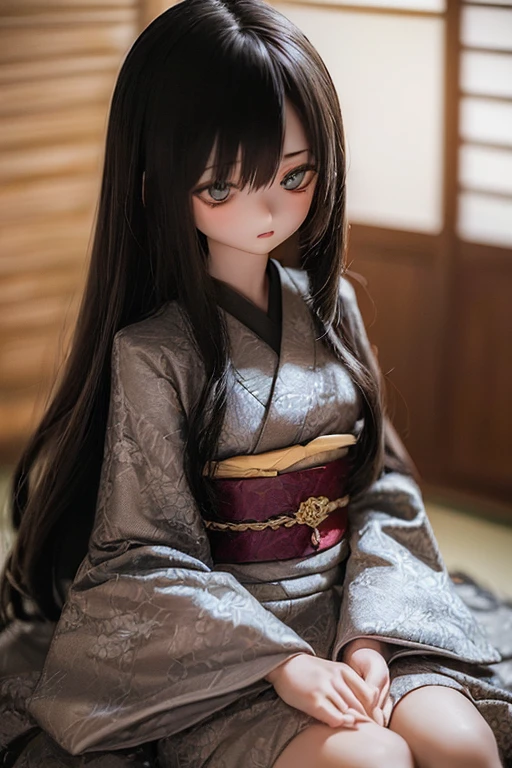 photorealistic, realistic photo, ((highest quality)), ((masterpiece)), (extremely detailed), kukolnydom, doll, (mature woman, 22yo, 22 years old:1.6), solo, ((cowboy shot, sitting on tatami, arms on sides, skinny, slender, slim, parted lips, kanzashi)), green eyes, black hair, long hair, (looking at another, blank eyes, empty eyes, detailed eyes, detailed face:1.3), kimono, Japanese room, 8k