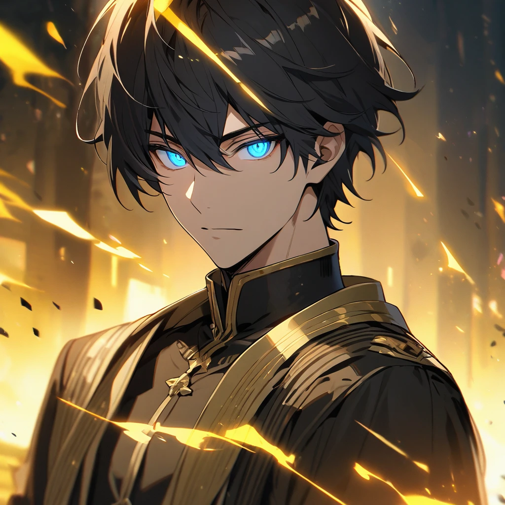 male, solo, handsome, black hair, short hair, blue eyes, glowing eyes, yellow aura, holo, golden