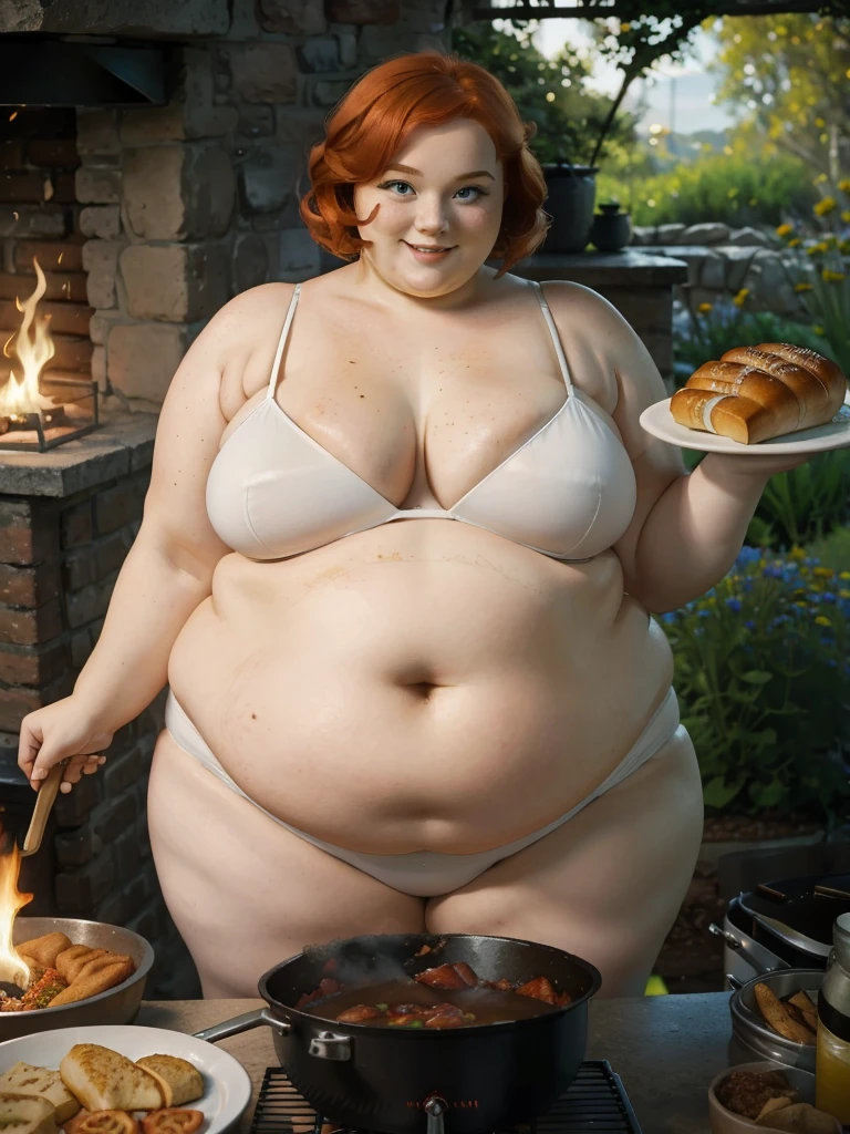 A happy photo of a young beautiful redhead wife bbw with short ginger hair soft fat belly, wide fat obese hips, thick fat legs and fat arms, cute pretty face, blue eyes, freckles, in sime white underwear , cooking goulash in a cauldron with a fire place below it in the garden cooking place, there is a table with a lot of delicious foods meats and bread on it, at sunset