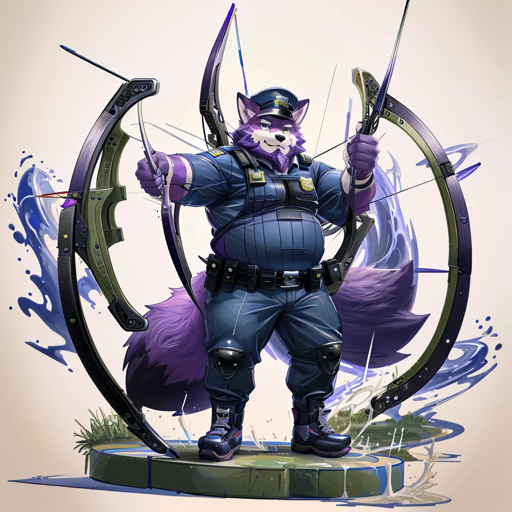anthro, kemono, male, solo, ((round face, very plump face, beard)), (((purple fox))), (((purple fur))), purple hair, beard, white eyebrows, detailed green eyes, tall, steel hunting bow, (((archery, police hat, police, black police uniform, military shoes))), full body, splash art, white background,