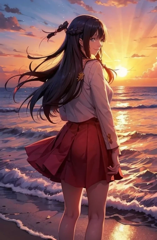 1girl, solo,smile, beach,(sunset:1.1),  akagi_rin(denchi-project), solo,  star hair ornament, twin braids,sparkle, from behind, looking back, huge sunset,red floating, uniform, night, waving, sea