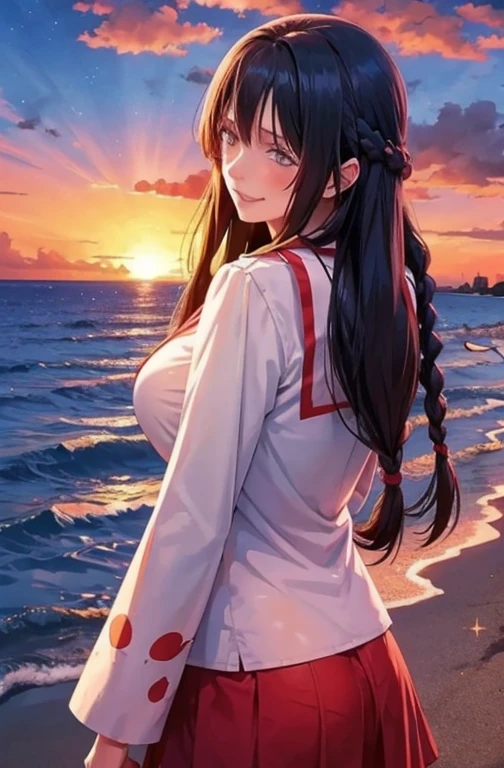 1girl, solo,smile, beach,(sunset:1.1), akagi_rin(denchi-project), solo, star hair ornament, twin braids,sparkle, from behind, looking back, huge sunset,red floating, uniform, night, waving, sea