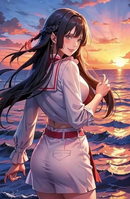 1girl, solo,smile, beach,(sunset:1.1),  akagi_rin(denchi-project), solo,  star hair ornament, twin braids,sparkle, from behind, looking back, huge sunset,red floating, uniform, night, waving, sea