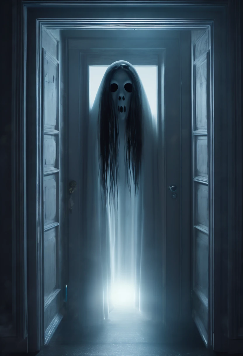 a floating head ghost with long hair,scary face,lurking at the door in night time,UHD,8k,dynamic lighting,hyper fidelity,surrealisme,intricate detail,